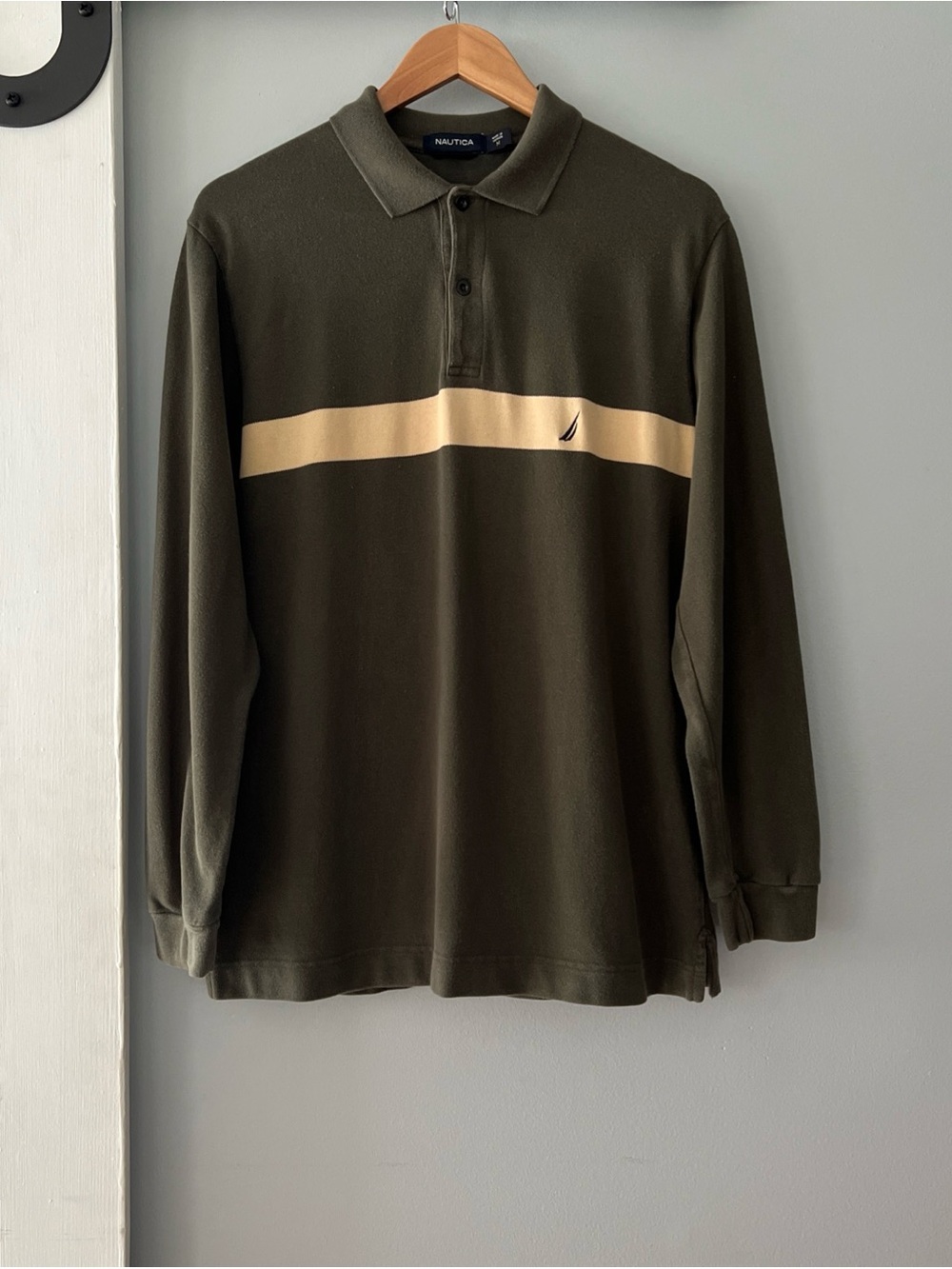 Nautica Olive Green Long-Sleeve Polo with Cream Chest Stripe 100% Cotton